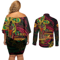 Custom Vanuatu 45th Independence Anniversary Couples Matching Off Shoulder Short Dress and Long Sleeve Button Shirt Flower Melanesian Namele Turtle - Polynesian Pride