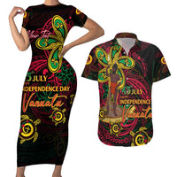 Custom Vanuatu 45th Independence Anniversary Couples Matching Short Sleeve Bodycon Dress and Hawaiian Shirt Flower Melanesian Namele Turtle - Polynesian Pride