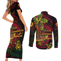 Custom Vanuatu 45th Independence Anniversary Couples Matching Short Sleeve Bodycon Dress and Long Sleeve Button Shirt Flower Melanesian Namele Turtle - Polynesian Pride