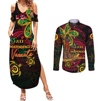 Custom Vanuatu 45th Independence Anniversary Couples Matching Summer Maxi Dress and Long Sleeve Button Shirt Flower Melanesian Namele Turtle - Polynesian Pride