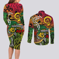 Personalized Vanuatu 45th Independence Anniversary Couples Matching Long Sleeve Bodycon Dress and Long Sleeve Button Shirt Melanesian Pattern Reggae - Polynesian Pride