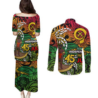 Personalized Vanuatu 45th Independence Anniversary Couples Matching Puletasi and Long Sleeve Button Shirt Melanesian Pattern Reggae - Polynesian Pride