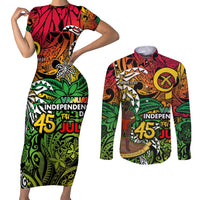 Personalized Vanuatu 45th Independence Anniversary Couples Matching Short Sleeve Bodycon Dress and Long Sleeve Button Shirt Melanesian Pattern Reggae - Polynesian Pride