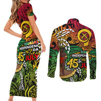 Personalized Vanuatu 45th Independence Anniversary Couples Matching Short Sleeve Bodycon Dress and Long Sleeve Button Shirt Melanesian Pattern Reggae - Polynesian Pride