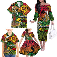 Personalized Vanuatu 45th Independence Anniversary Family Matching Off The Shoulder Long Sleeve Dress and Hawaiian Shirt Melanesian Pattern Reggae - Polynesian Pride