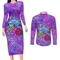 Personalized Dolphin Polynesia Couples Matching Long Sleeve Bodycon Dress and Long Sleeve Button Shirt Hibiscus Tropical Wave - Purple Vibes