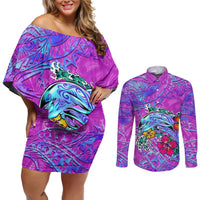 Personalized Dolphin Polynesia Couples Matching Off Shoulder Short Dress and Long Sleeve Button Shirt Hibiscus Tropical Wave - Purple Vibes