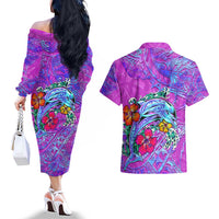 Personalized Dolphin Polynesia Couples Matching Off The Shoulder Long Sleeve Dress and Hawaiian Shirt Hibiscus Tropical Wave - Purple Vibes