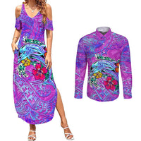 Personalized Dolphin Polynesia Couples Matching Summer Maxi Dress and Long Sleeve Button Shirt Hibiscus Tropical Wave - Purple Vibes