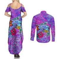 Personalized Dolphin Polynesia Couples Matching Summer Maxi Dress and Long Sleeve Button Shirt Hibiscus Tropical Wave - Purple Vibes
