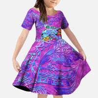 Dolphin Polynesia Family Matching Off The Shoulder Long Sleeve Dress and Hawaiian Shirt Hibiscus Tropical Wave - Purple Vibes DT02 Daughter's Dress Purple - Polynesian Pride