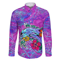 Dolphin Polynesia Family Matching Off The Shoulder Long Sleeve Dress and Hawaiian Shirt Hibiscus Tropical Wave - Purple Vibes DT02 Dad's Shirt - Long Sleeve Purple - Polynesian Pride