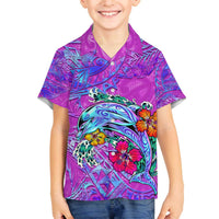 Dolphin Polynesia Family Matching Off The Shoulder Long Sleeve Dress and Hawaiian Shirt Hibiscus Tropical Wave - Purple Vibes DT02 Son's Shirt Purple - Polynesian Pride