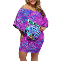 Personalized Dolphin Polynesia Family Matching Off Shoulder Short Dress and Hawaiian Shirt Hibiscus Tropical Wave - Purple Vibes