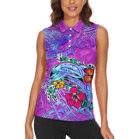 Personalized Dolphin Polynesia Women Sleeveless Polo Shirt Hibiscus Tropical Wave - Purple Vibes
