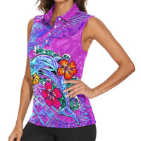 Personalized Dolphin Polynesia Women Sleeveless Polo Shirt Hibiscus Tropical Wave - Purple Vibes