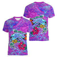 Personalized Dolphin Polynesia Women V-Neck T-Shirt Hibiscus Tropical Wave - Purple Vibes