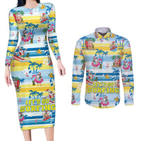 Surfing Christmas Couples Matching Long Sleeve Bodycon Dress and Long Sleeve Button Shirt Tropical Santa Let's Go Surfing DT02 Art - Polynesian Pride