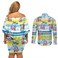 Surfing Christmas Couples Matching Off Shoulder Short Dress and Long Sleeve Button Shirt Tropical Santa Let's Go Surfing DT02 - Polynesian Pride