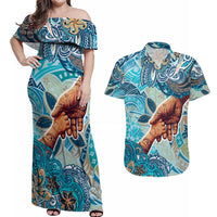Hand In Hand Father's Day Polynesian Couples Matching Off Shoulder Maxi Dress and Hawaiian Shirt Tribal Flower Pattern DT02 Blue - Polynesian Pride