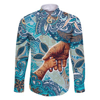 Hand In Hand Father's Day Polynesian Family Matching Summer Maxi Dress and Hawaiian Shirt Tribal Flower Pattern DT02 Dad's Shirt - Long Sleeve Blue - Polynesian Pride