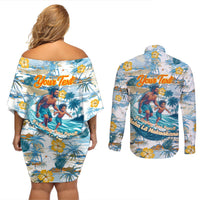Hawaii Father's Day It's Surfing Time Couples Matching Off Shoulder Short Dress and Long Sleeve Button Shirt Aloha Lā Makuakane