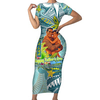 Palau Father's Day Polynesia Short Sleeve Bodycon Dress Dad and Son DT02 Long Dress Blue - Polynesian Pride