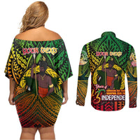 Vanuatu 45th Independence Anniversary Couples Matching Off Shoulder Short Dress and Long Sleeve Button Shirt Embracing Our Traditions Shaping Our Future