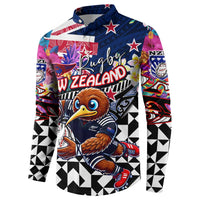 Personalized Kiwi New Zealand Rugby Button Sweatshirt Kiwis Mascot Tropical Pattern