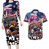 Personalized Kiwi New Zealand Rugby Couples Matching Long Sleeve Bodycon Dress and Hawaiian Shirt Kiwis Mascot Tropical Pattern