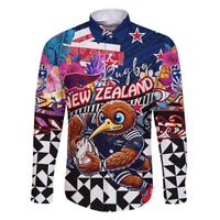 Personalized Kiwi New Zealand Rugby Family Matching Off The Shoulder Long Sleeve Dress and Hawaiian Shirt Kiwis Mascot Tropical Pattern