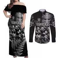 Personalized All Black Brothers Rugby Couples Matching Off Shoulder Maxi Dress and Long Sleeve Button Shirt New Zealand Maori Haka