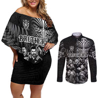 Personalized All Black Brothers Rugby Couples Matching Off Shoulder Short Dress and Long Sleeve Button Shirt New Zealand Maori Haka