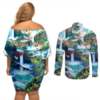 Wailua Falls Hawaii Couples Matching Off Shoulder Short Dress and Long Sleeve Button Shirt Kauai Natural Beauty