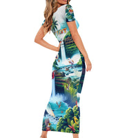 Wailua Falls Hawaii Short Sleeve Bodycon Dress Kauai Natural Beauty