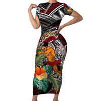 Personalized American Samoa Warrior Family Matching Short Sleeve Bodycon Dress and Hawaiian Shirt Shark Turtle Polynesian Tattoo