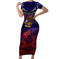 Personalized American Samoa Flag Short Sleeve Bodycon Dress Eagles Polynesian Art DT02 Long Dress Blue - Polynesian Pride