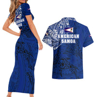 Sharks And American Samoa Couples Matching Short Sleeve Bodycon Dress and Hawaiian Shirt Simple Polynesian Blue