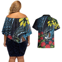 New Zealand Tui Bird Couples Matching Off Shoulder Short Dress and Hawaiian Shirt Maori Koru Mix Pohutukawa