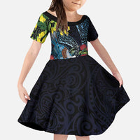 New Zealand Tui Bird Family Matching Long Sleeve Bodycon Dress and Hawaiian Shirt Maori Koru Mix Pohutukawa DT04 Daughter's Dress Black - Polynesian Pride