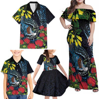 New Zealand Tui Bird Family Matching Off Shoulder Maxi Dress and Hawaiian Shirt Maori Koru Mix Pohutukawa