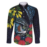 New Zealand Tui Bird Family Matching Puletasi and Hawaiian Shirt Maori Koru Mix Pohutukawa