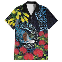 New Zealand Tui Bird Family Matching Short Sleeve Bodycon Dress and Hawaiian Shirt Maori Koru Mix Pohutukawa DT04 Dad's Shirt - Short Sleeve Black - Polynesian Pride