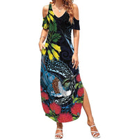 New Zealand Tui Bird Family Matching Summer Maxi Dress and Hawaiian Shirt Maori Koru Mix Pohutukawa