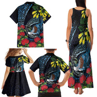 New Zealand Tui Bird Family Matching Tank Maxi Dress and Hawaiian Shirt Maori Koru Mix Pohutukawa
