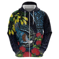 New Zealand Tui Bird Hoodie Maori Koru Mix Pohutukawa