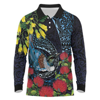 New Zealand Tui Bird Long Sleeve Polo Shirt Maori Koru Mix Pohutukawa