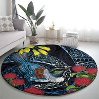 New Zealand Tui Bird Round Carpet Maori Koru Mix Pohutukawa