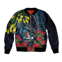 New Zealand Tui Bird Sleeve Zip Bomber Jacket Maori Koru Mix Pohutukawa DT04 Unisex Black - Polynesian Pride