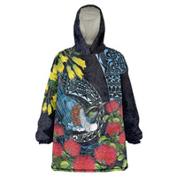 New Zealand Tui Bird Wearable Blanket Hoodie Maori Koru Mix Pohutukawa